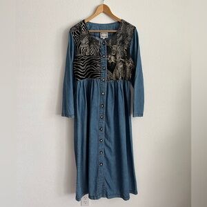 Vintage Monique Fashions Denim and Tapestry Dress